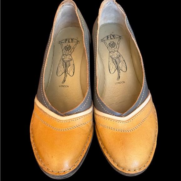 Fly London Shoes - Fly London Women's Mustard and Gray Wedges with a band of Cream